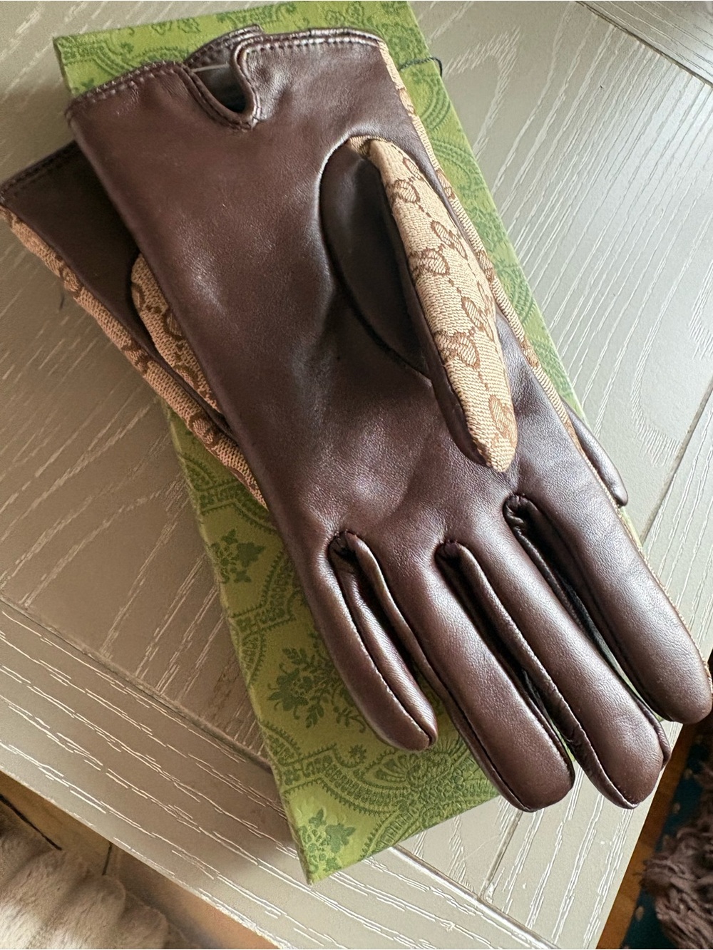 FASHION Monogram Beige Brown Leather like Trim Gloves - Picture 2 of 7